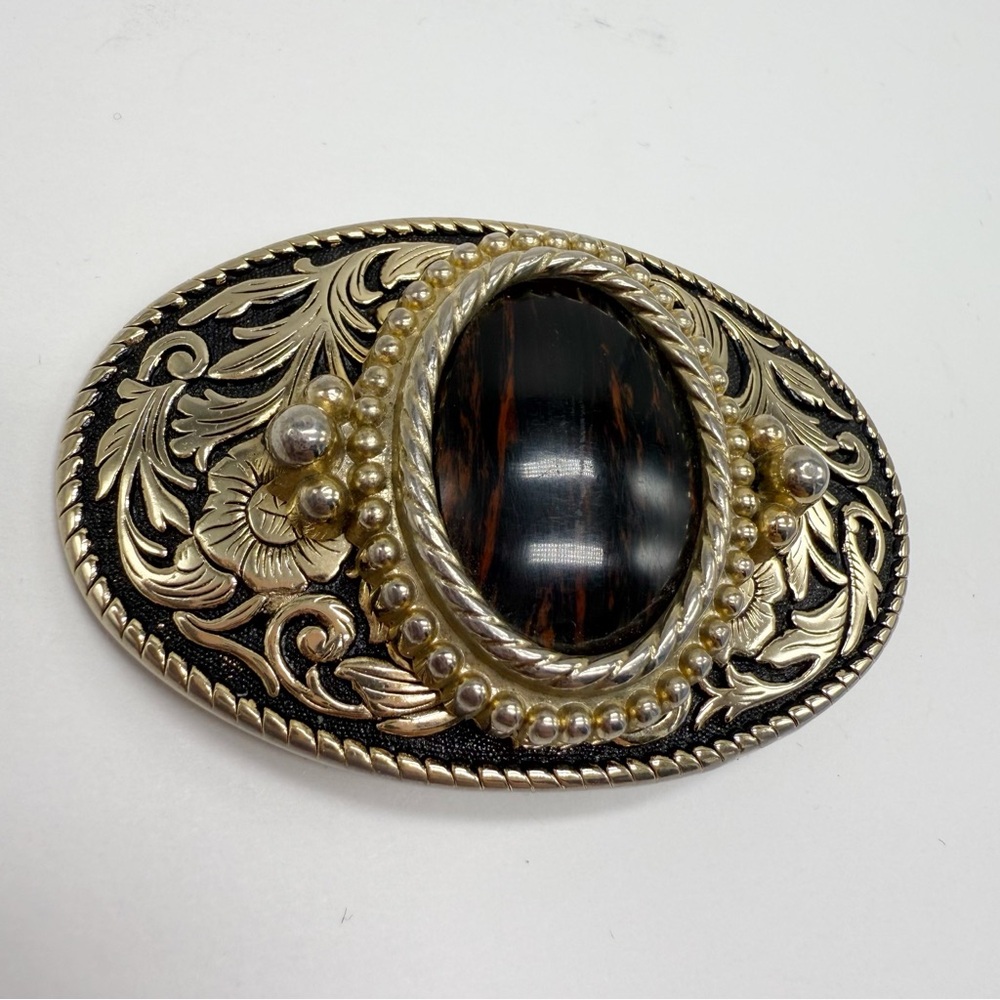 Vintage Oval Western Belt Buckle with Mahogany Obsidian Cabochon Center - Picture 2 of 7